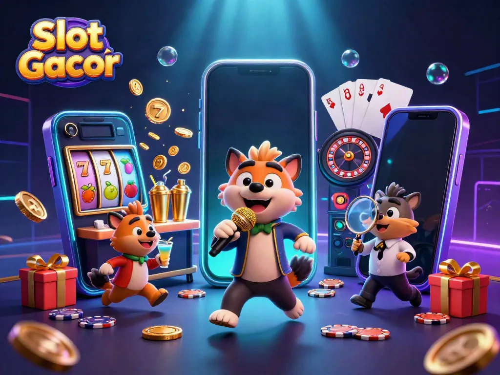 Engage in thrilling Slot Gacor gameplay with hyenas at a lively casino club, featuring vibrant slot elements.