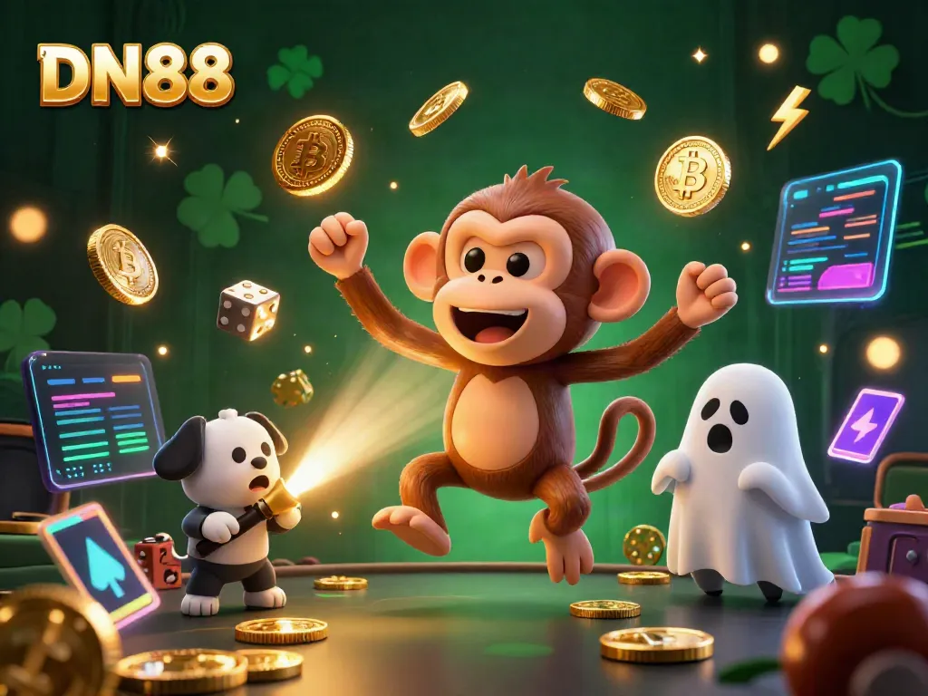Experience playful chaos with DN88 as a ghost-hunting puppy tracks a mischievous monkey juggling golden treasures in a haunted casino.