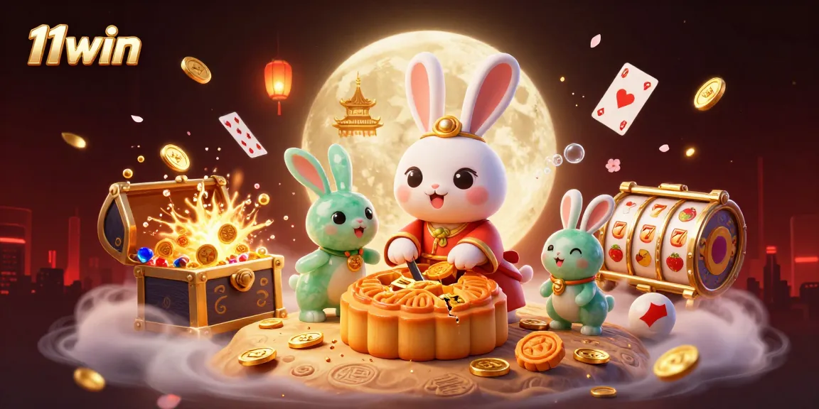 Engage with 11win's dynamic casino scene featuring a moon rabbit and gold poker chips.
