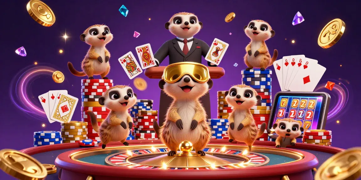 Slot gacor menciptakan suasana kasino yang meriah dengan meerkat yang mengelola permainan dan harta berkilauan.