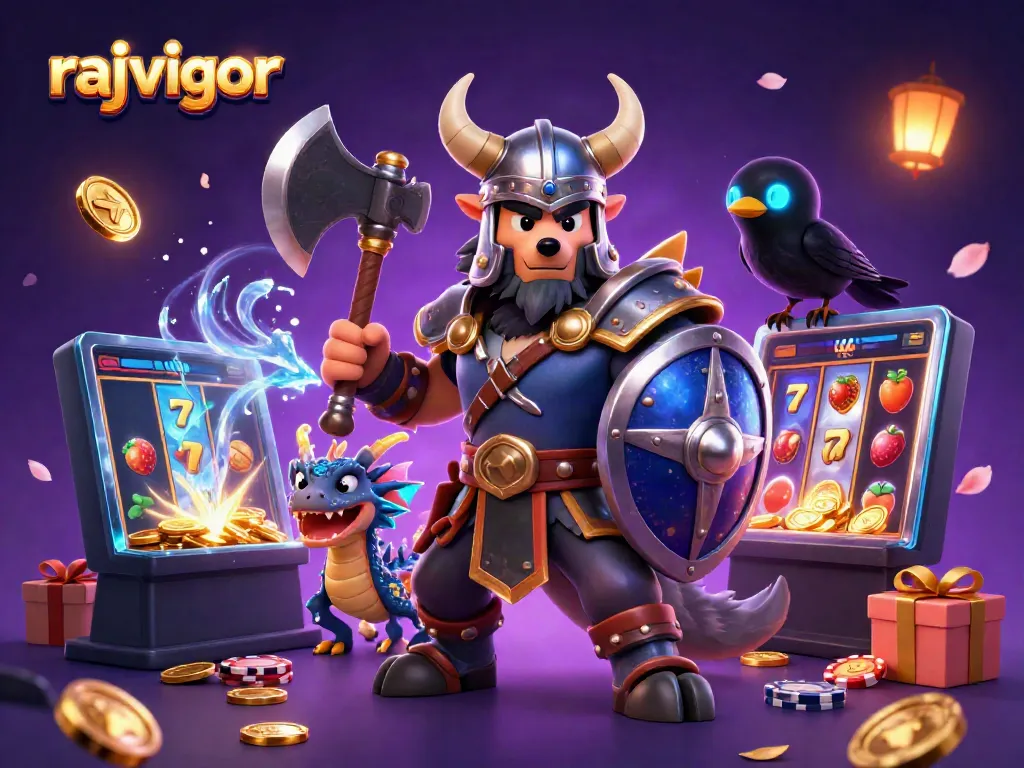 Rajavigor's dynamic 3D scene showcasing a Viking wolf warrior, fierce dragon, and glowing raven with colorful slot game elements.