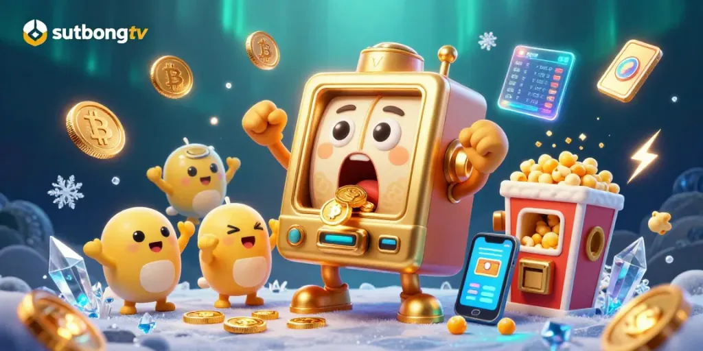 Sutbongtv showcases a golden slot machine triumphantly hitting a jackpot, surrounded by joyful smaller machines and dynamic crypto elements.