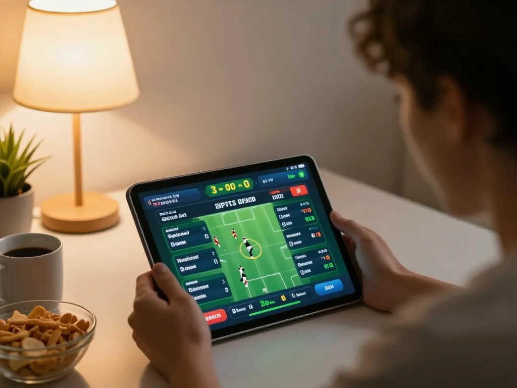 Engaging in live sports betting with LGO GOAL on a tablet in a cozy home environment.