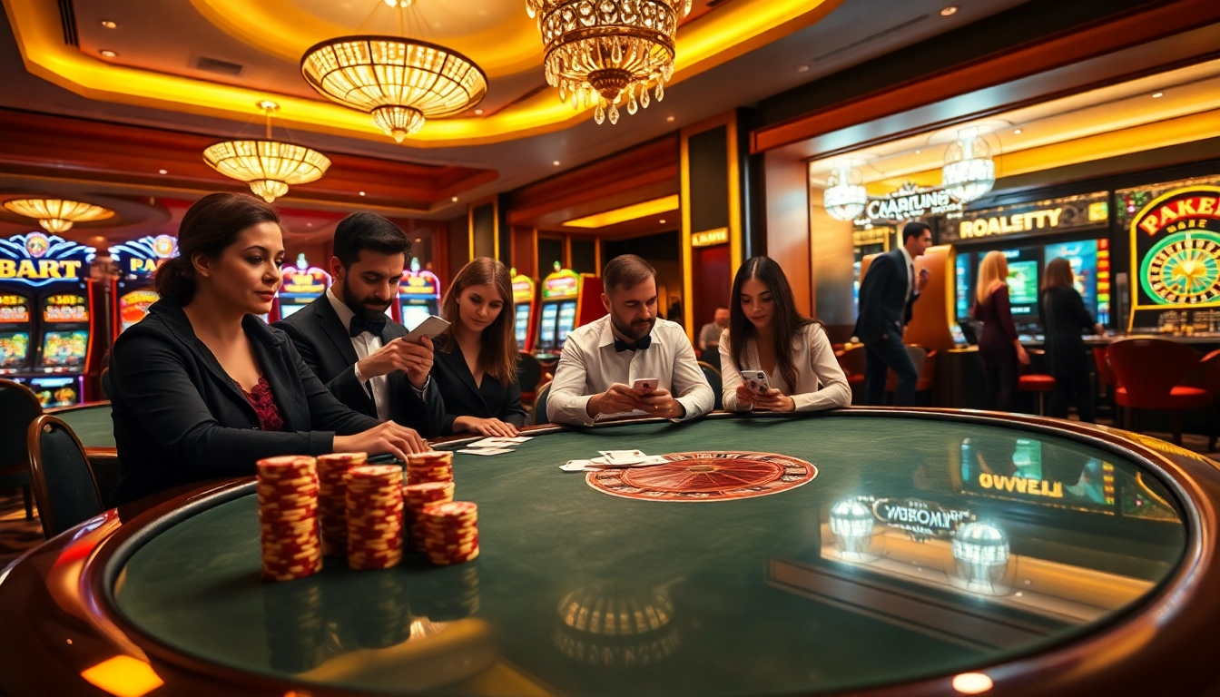 E2bet players enjoy an engaging poker game amidst vibrant slot machines and roulette in an elegant casino.