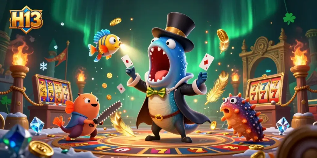 Engage with H13 casino magic as a bioluminescent eel performs card tricks amidst slot reels and gold