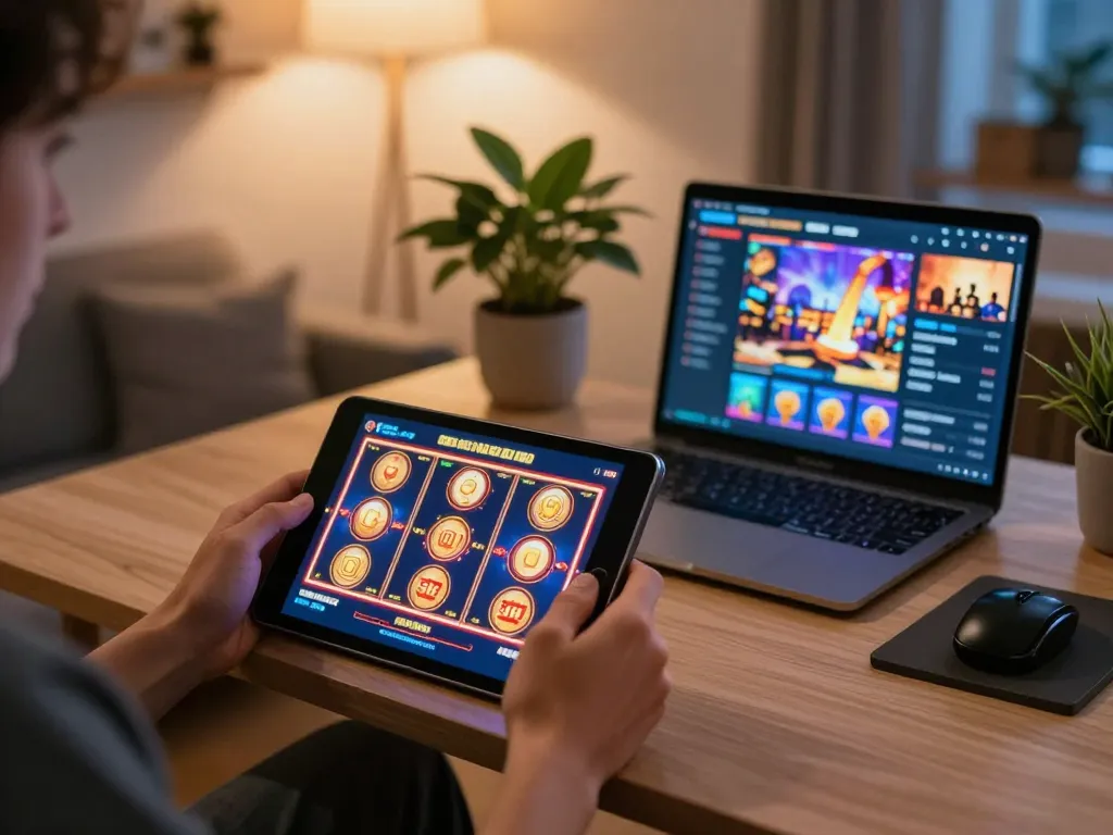Player engaging with KJC mobile casino app on tablet in a cozy, vibrant home office