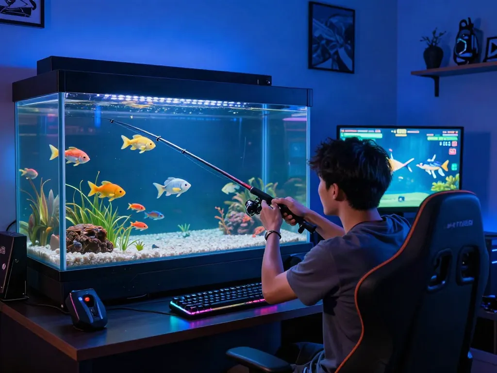 Lại là Bắn cá đổi thưởng gaming scene with immersive digital aquarium and excited player.