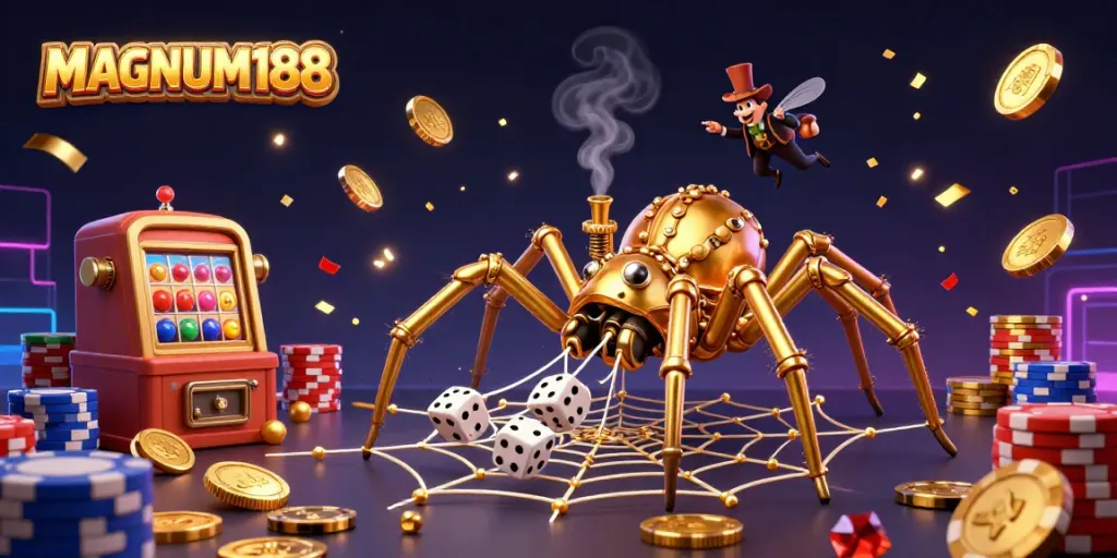 Engage with MAGNUM188's vibrant lottery scene featuring a playful golden spider and exciting game elements.