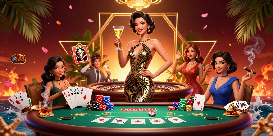Experience excitement at lv88 with a glamorous Asian dealer amidst vibrant poker and casino elements.