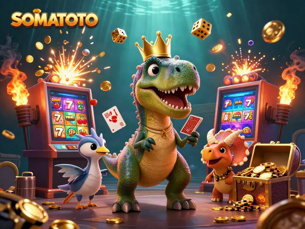 Engage with SOMATOTO's thrilling gaming experience featuring cartoon dinosaurs, slot machines, and winnings.