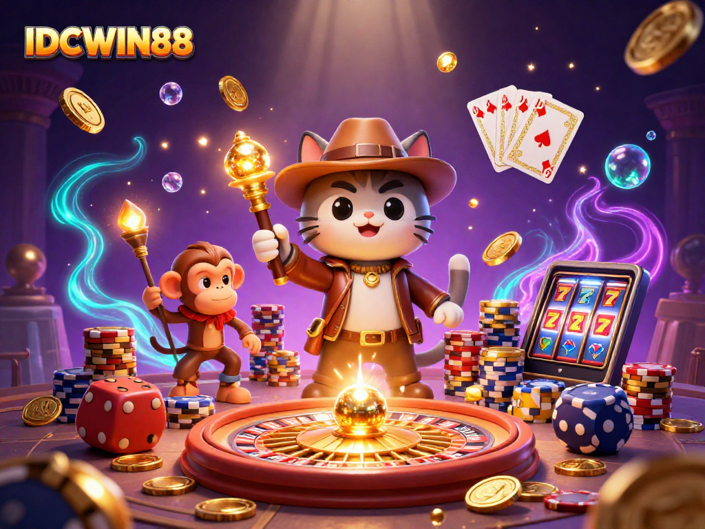 Experience thrilling gameplay with IDCWIN88's vibrant casino adventure featuring dynamic illustrations and exciting gaming elements.
