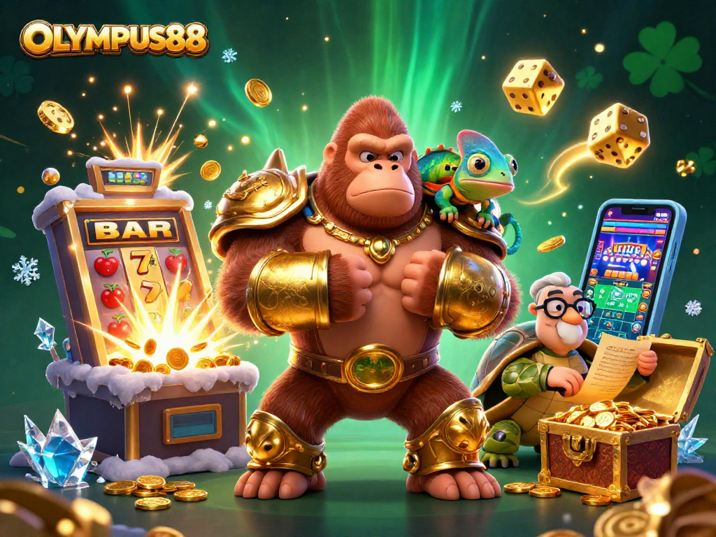 Experience the thrill of winning at OLYMPUS88 with a vibrant casino scene featuring a gorilla king and dynamic gaming elements.