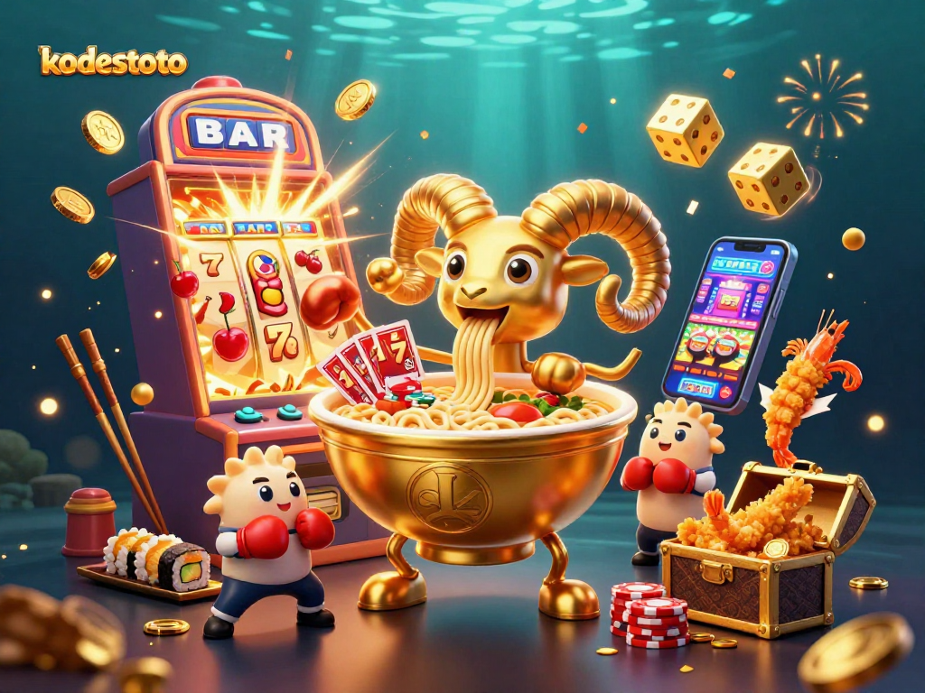 kodestoto showcases a giant golden ramen bowl dealer amidst exploding jackpots and vibrant casino elements