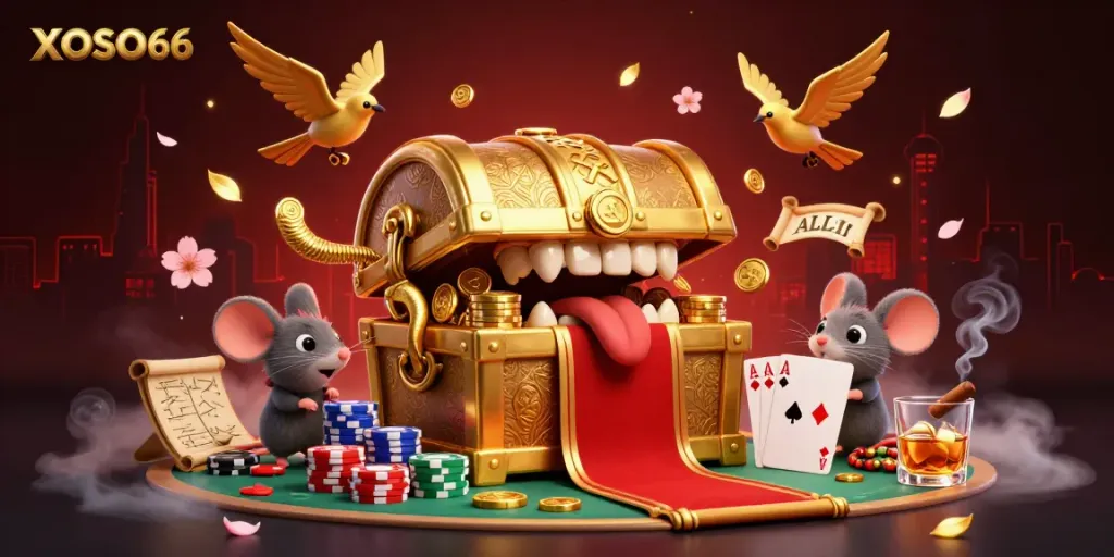 Experience thrilling adventures with XOSO66 as a treasure chest lures mice with riches in a poker scene.