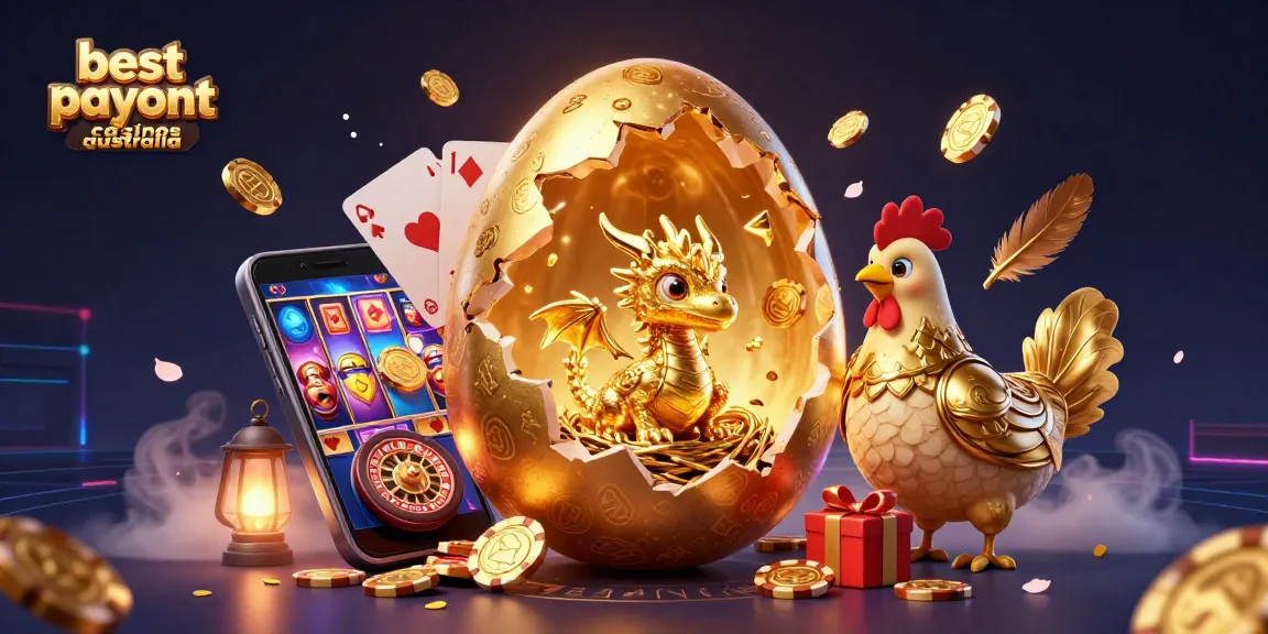 Experience the best payout casinos Australia with a golden dragon and poker chips surrounded by rich gaming elements.