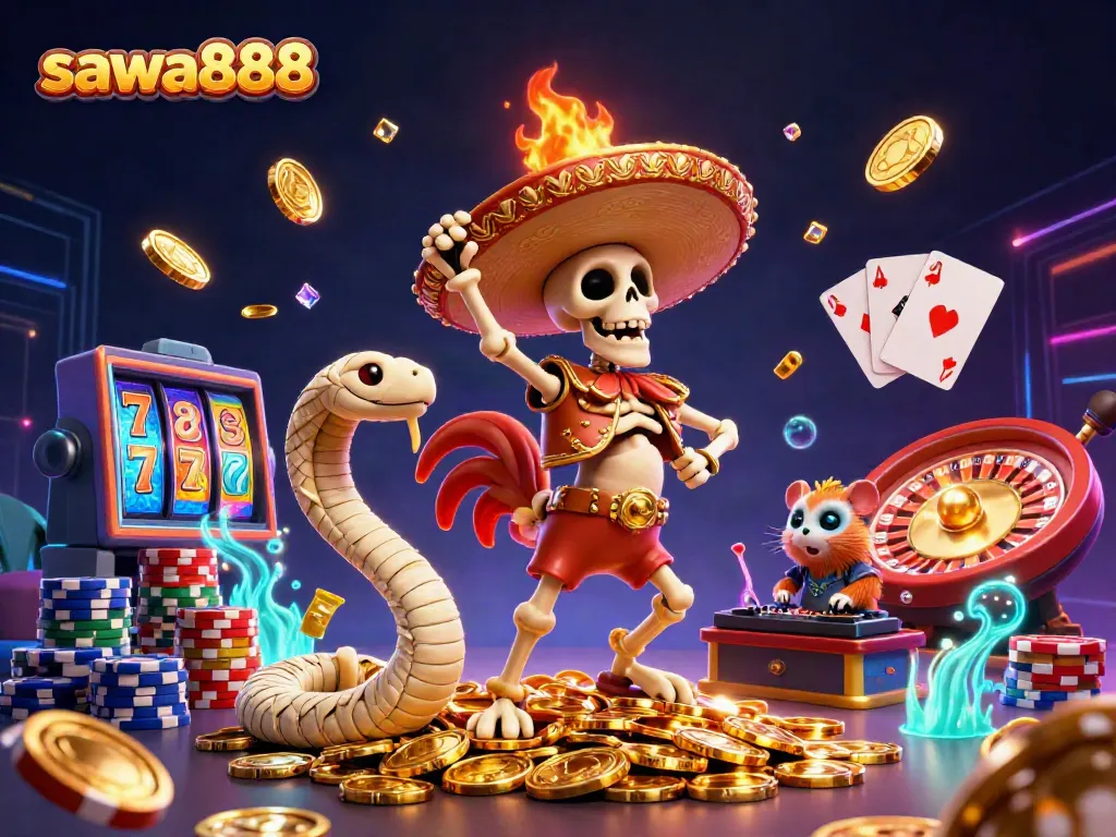 Sawa888 features a lively gambling scene with a mariachi rooster, mummy snake, and DJ hamster amidst golden coins and vibrant slot reels.