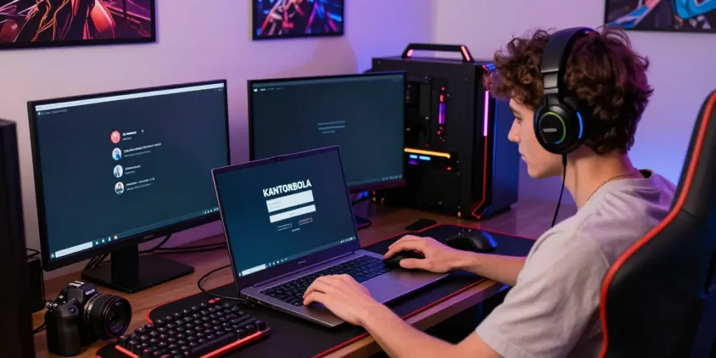 KANTORBOLA login scene with a focused user engaging on a vibrant gaming setup.