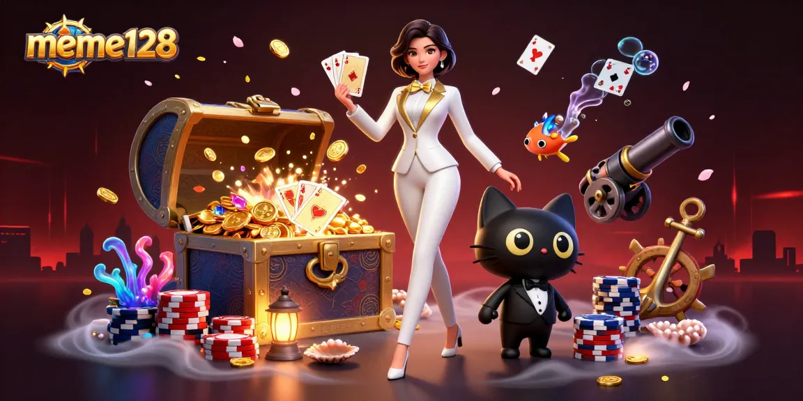 Experience big wins at meme128 with this dynamic casino illustration featuring a card-shuffling woman and a playful cat.
