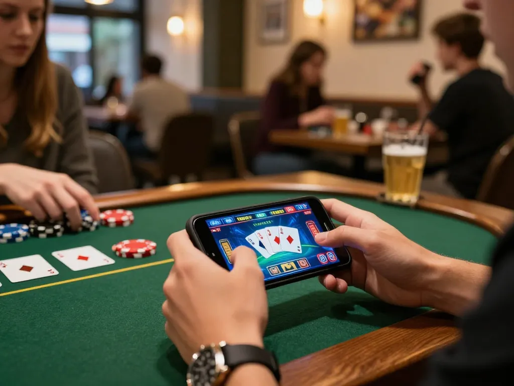 Player enjoying mobile poker game on BERLIAN889 with vibrant graphics and engaging environment