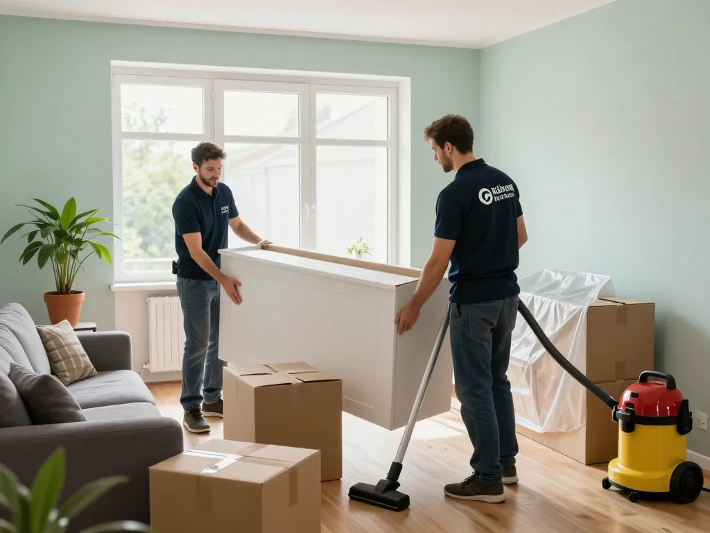 Professionelles Räumung Wien Team entfernt Möbel sorgfältig in einer hellen, organisierten Wohnung.