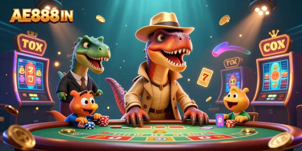 Join the excitement at AE888 IN with a lively casino scene featuring a velociraptor card counter, stegosaurus pit boss, and a compy pickpocket.