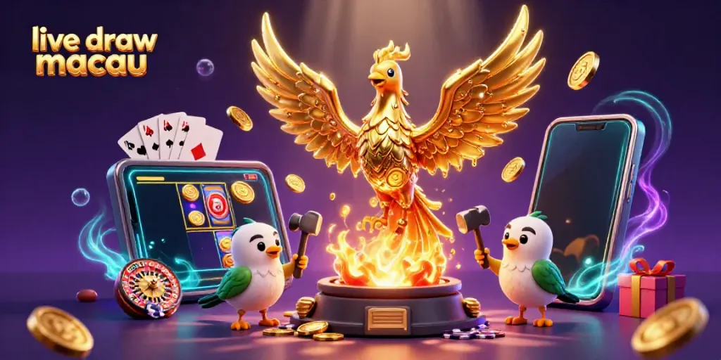 Mengikuti live draw macau, ilustrasi 3D menampilkan phoenix emas dengan koin, smartphone slot, dan elemen permainan lainnya.