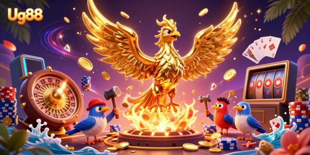 Experience the excitement of Ug88 with a molten golden phoenix and vibrant casino elements in this stunning illustration.