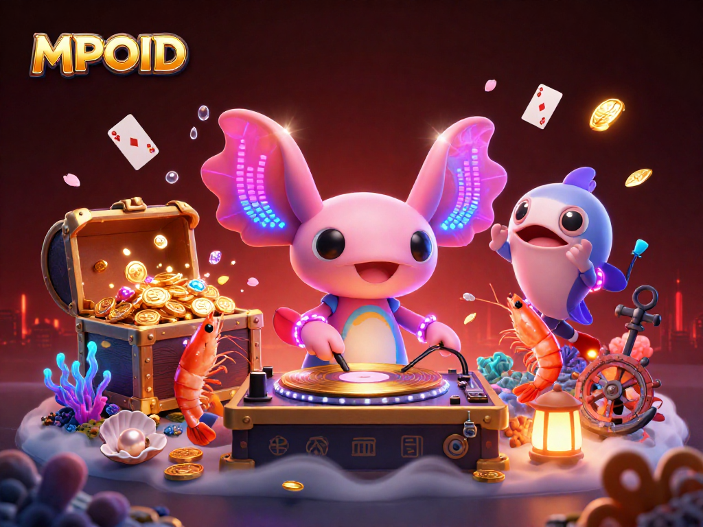 Engage with MPOID's vibrant underwater casino theme featuring a neon axolotl DJ and luminous treasures.