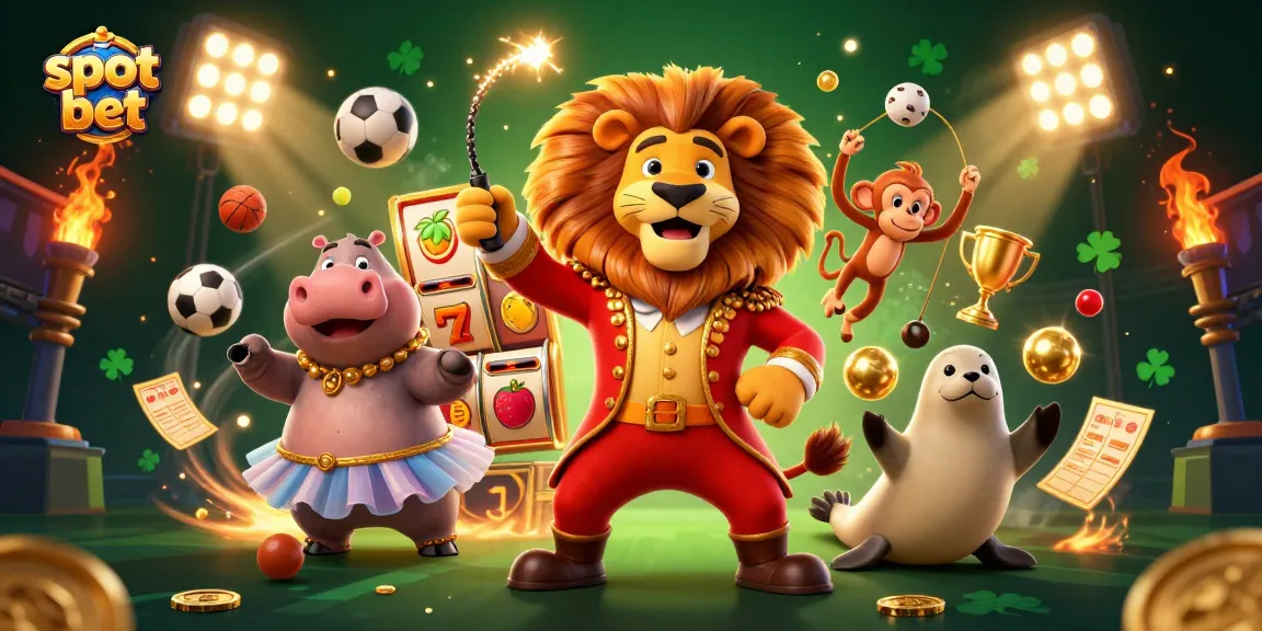 Slot bet dengan simbol-simbol keberuntungan dan karakter lucu seperti singa, hippo, monyet dan anjing laut dalam suasana kasino yang meriah.