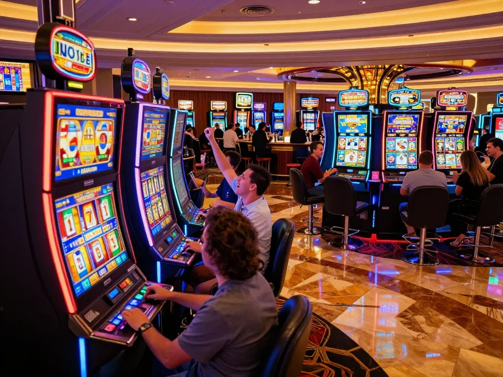 Players engaging with slot machines at a vibrant Slot Thailand casino, celebrating wins amidst colorful neon lights.