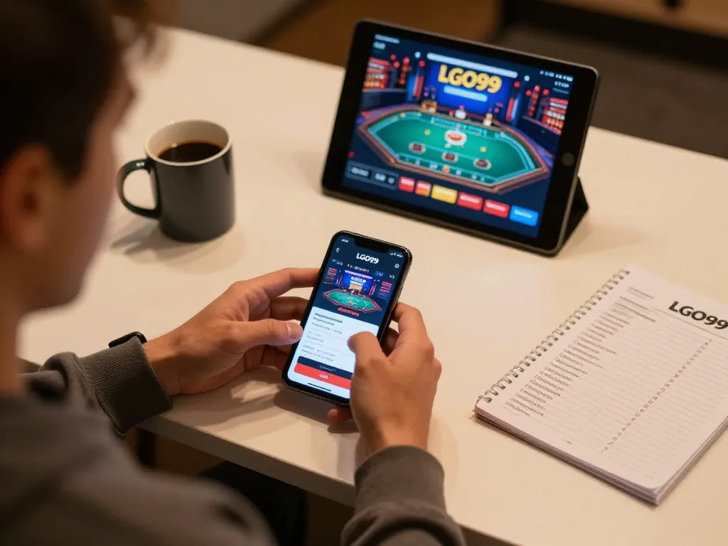 LGO99 user engaging with mobile casino app in a cozy gaming setup highlighting responsible gaming practice.