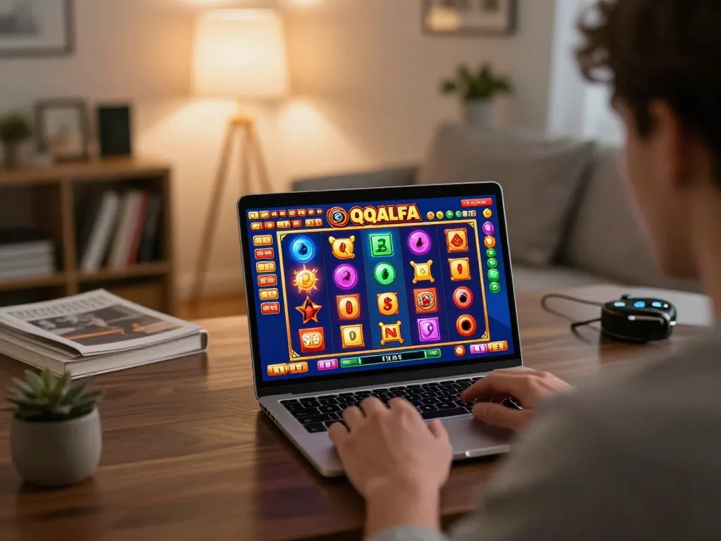 Engaged player enjoying qqalfa slot game on laptop in a cozy home setting, vibrant graphics visible.