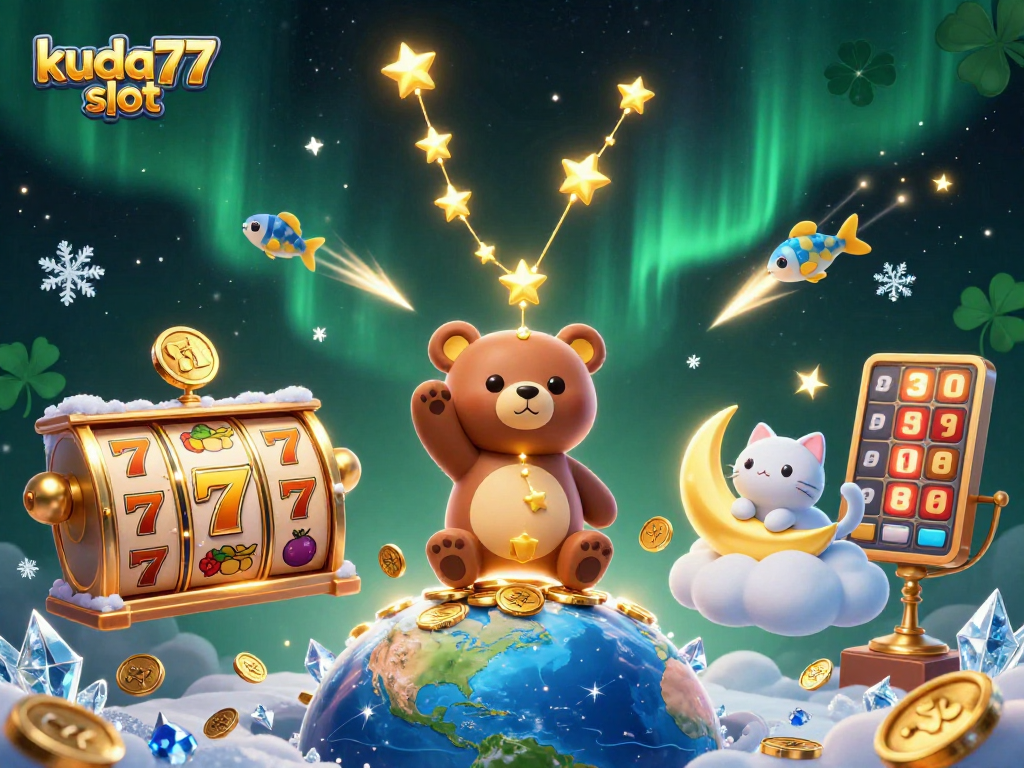 Mainkan kuda77 slot dengan grafis menawan dan simbol keberuntungan mengelilingi karakter kartun yang ceria.