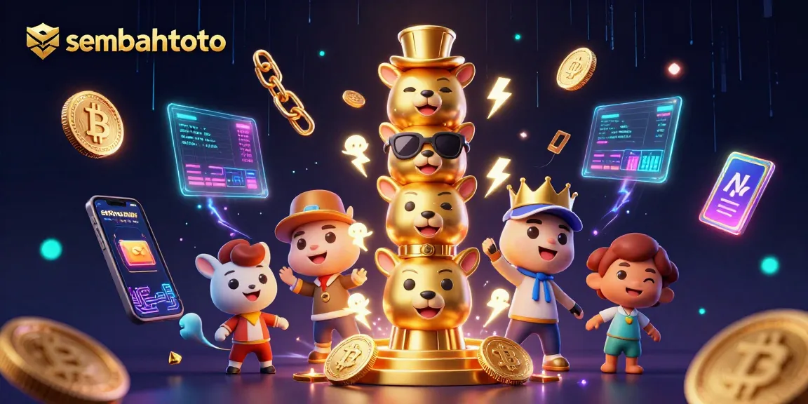 Engage with sembahtoto through a vibrant 3D casino scene filled with crypto elements and lively totem characters.