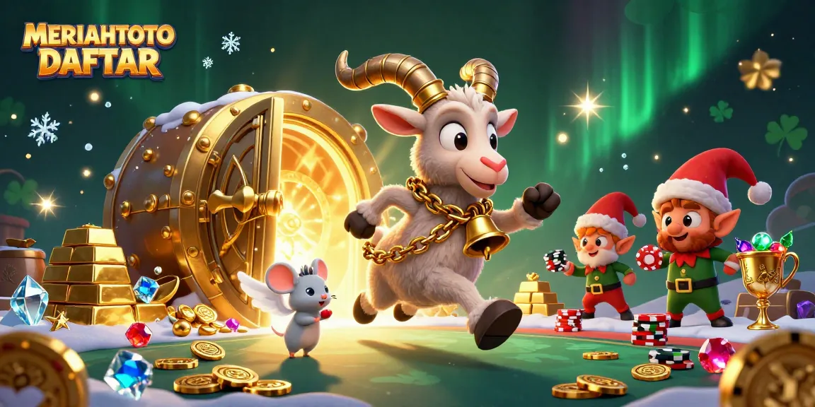 Gambar MERIAHTOTO DAFTAR dengan Krampus dan karakter menarik di kasino bertema horor.