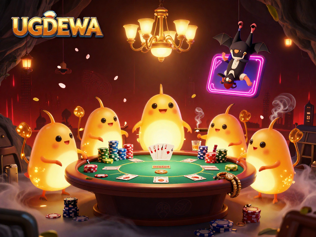 UGDEWA’s glowworms illuminate a lively casino scene, showcasing vibrant poker elements and a bat dealer.