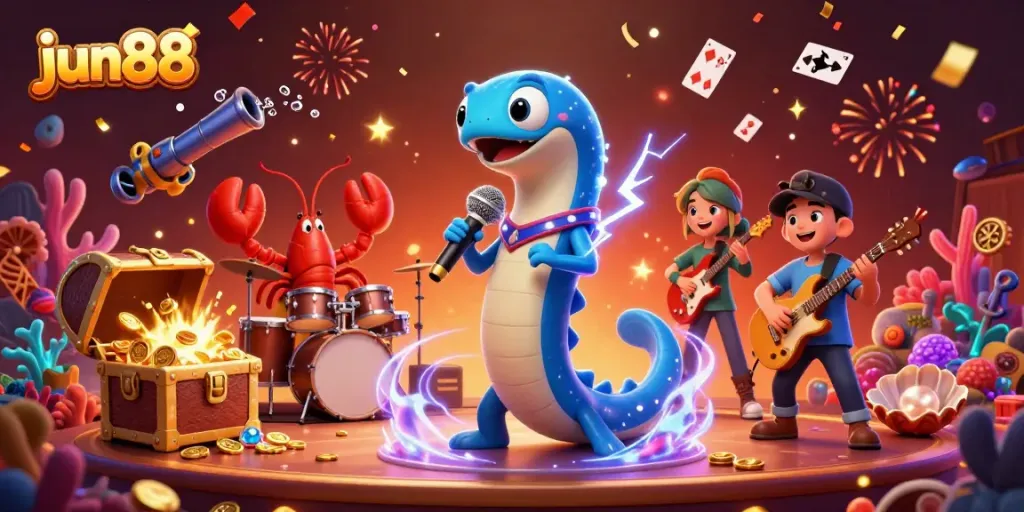 Experience the excitement of jun88 with a vibrant DJ eel and underwater casino celebration.