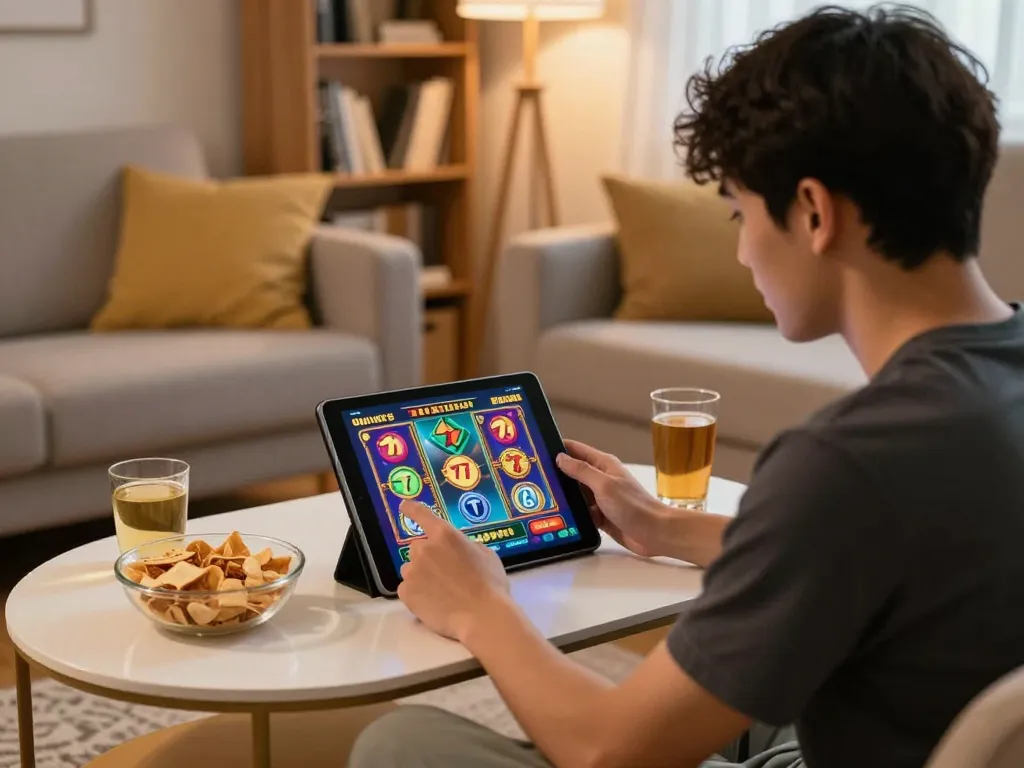 Engaging with slot777 gameplay on a tablet in a cozy home environment.