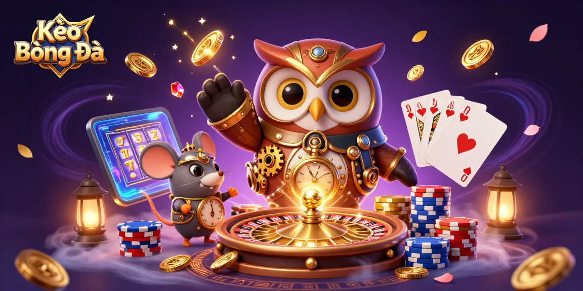 Kèo Bóng Đá showcases a vibrant casino scene with a time-traveler owl, golden coins, and roulette spinning.