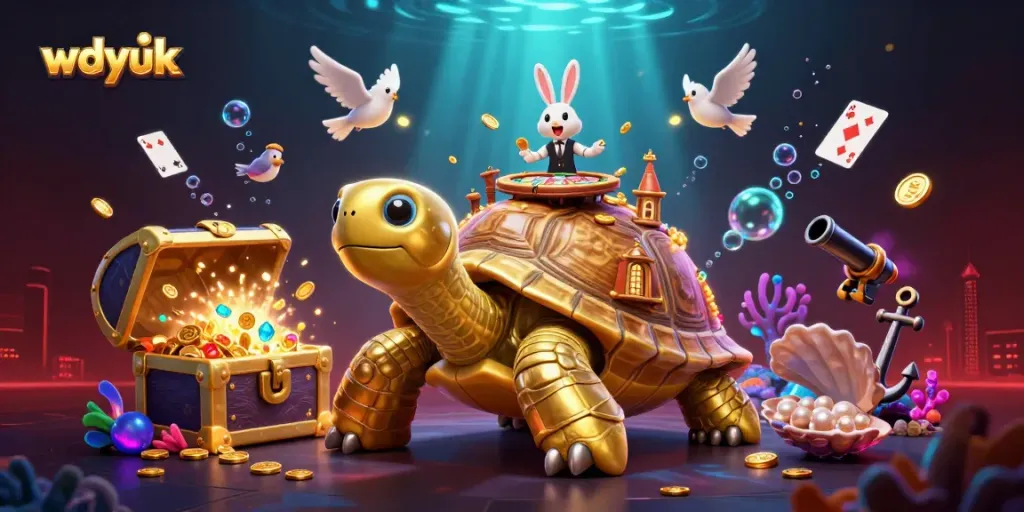 Experience the excitement of wdyuk with a vibrant underwater casino scene featuring a golden tortoise and a rabbit dealer.