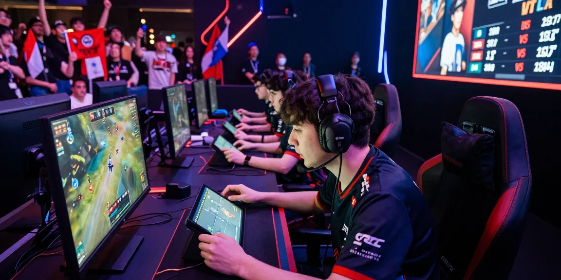 Atmosfer kompetitif arena eSports dengan ligagalaxy yang menegangkan dan gamer profesional beraksi.